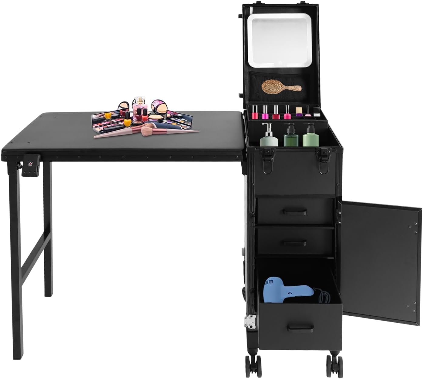 Professional Rolling Makeup Case, Foldable Nail Tables with Detachable Lighted Mirror, Travel Cosmetic Trolley Storage Organizer with Drawers, Manicure for Artist (Black 3)