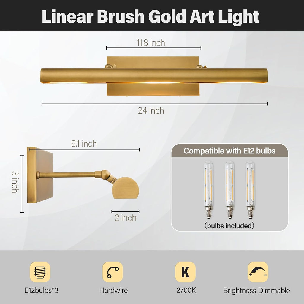 Art Picture Frame Wall Light: 24' Glod Dimmable Vintage Artwork Brass Painting Spotlight - Hardwired Swing Arm Rotatable 3 Lights over Picture - Linear Accent Lighting above Photo for Gallery Bookcase