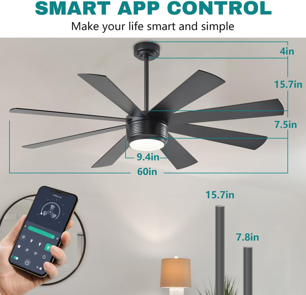 SHOWDI Black Ceiling Fans with Lights and Remote, Quick Installation, 60 in | 2 Blade Color, Metal Material, App Remote Control, Timer, Reversible, 3CCT, Dimmable for Bedroom, Living room, Indoor