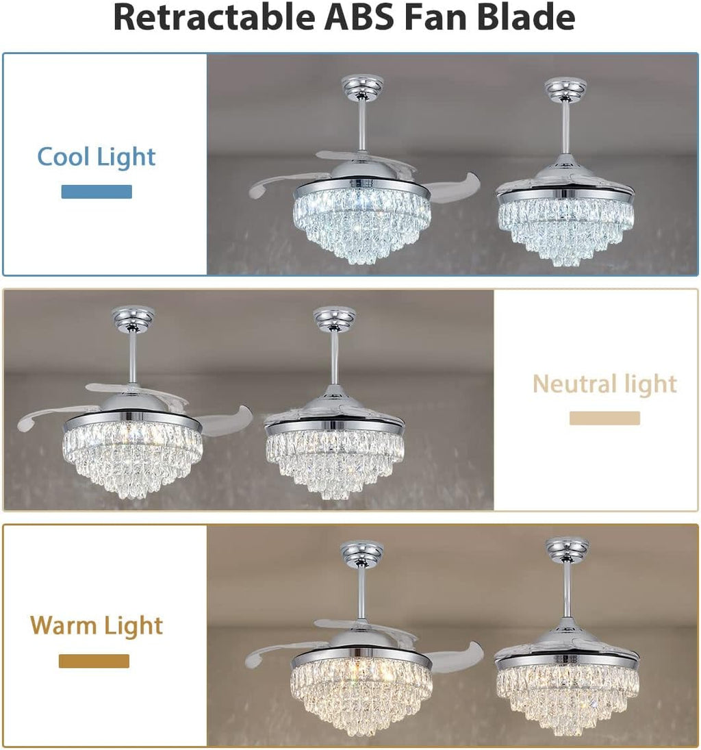 CLAIRDAI 42'' Modern Crystal Fandelier Ceiling Fan with Lights, Dimmable LED Chandelier Fan, Retractable Blades, Remote Control, 6-Speed Quiet Motor with Timer for Bedroom Living Room Dining Room