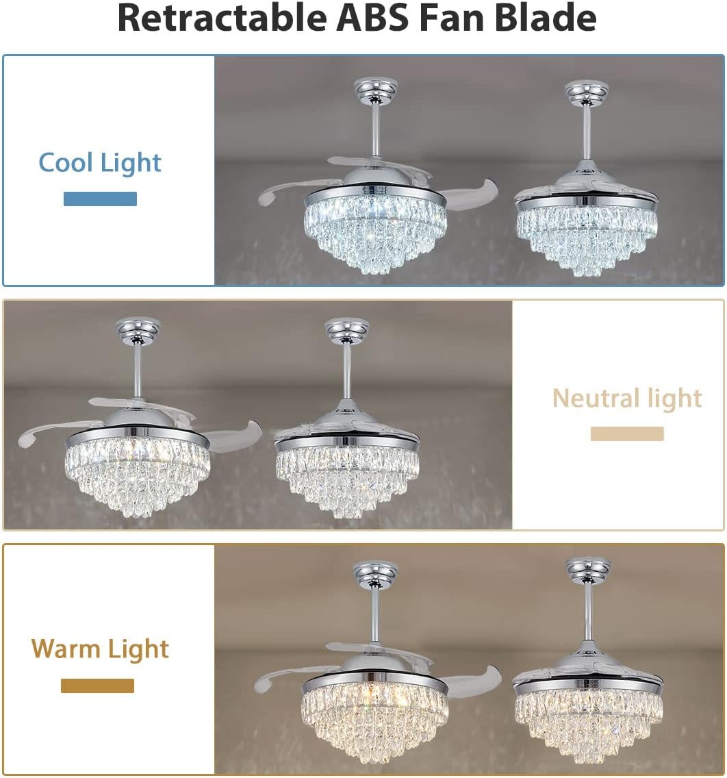 CLAIRDAI 42'' Modern Crystal Fandelier Ceiling Fan with Lights, Dimmable LED Chandelier Fan, Retractable Blades, Remote Control, 6-Speed Quiet Motor with Timer for Bedroom Living Room Dining Room