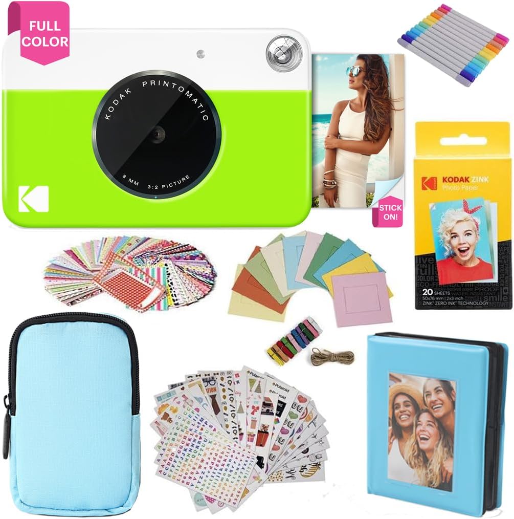 Kodak Printomatic Full-Color Instant Print Camera Gift Bundle + Soft Case + Zink 2x3 Sticky Back Photo Paper 20pk + Album + Sticker Sets + Sticker Frames + Markers + Hanging Frames, Fun Gift - Green
