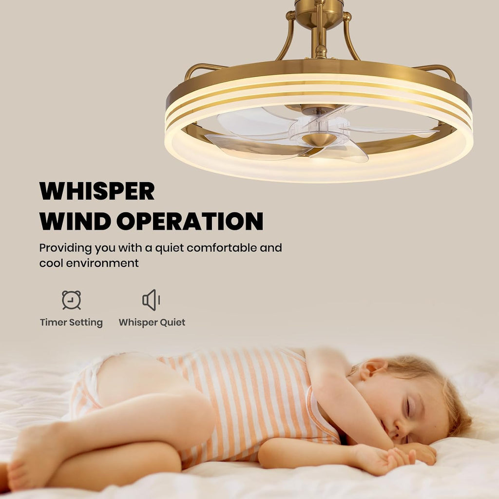20inch Ceiling Fan with Light Gold Flush Mount Fandelier with Remote Control Modern LED Ceiling Fan 6 Wind Speeds Fandelier for Bedroom Living Room Kitchen