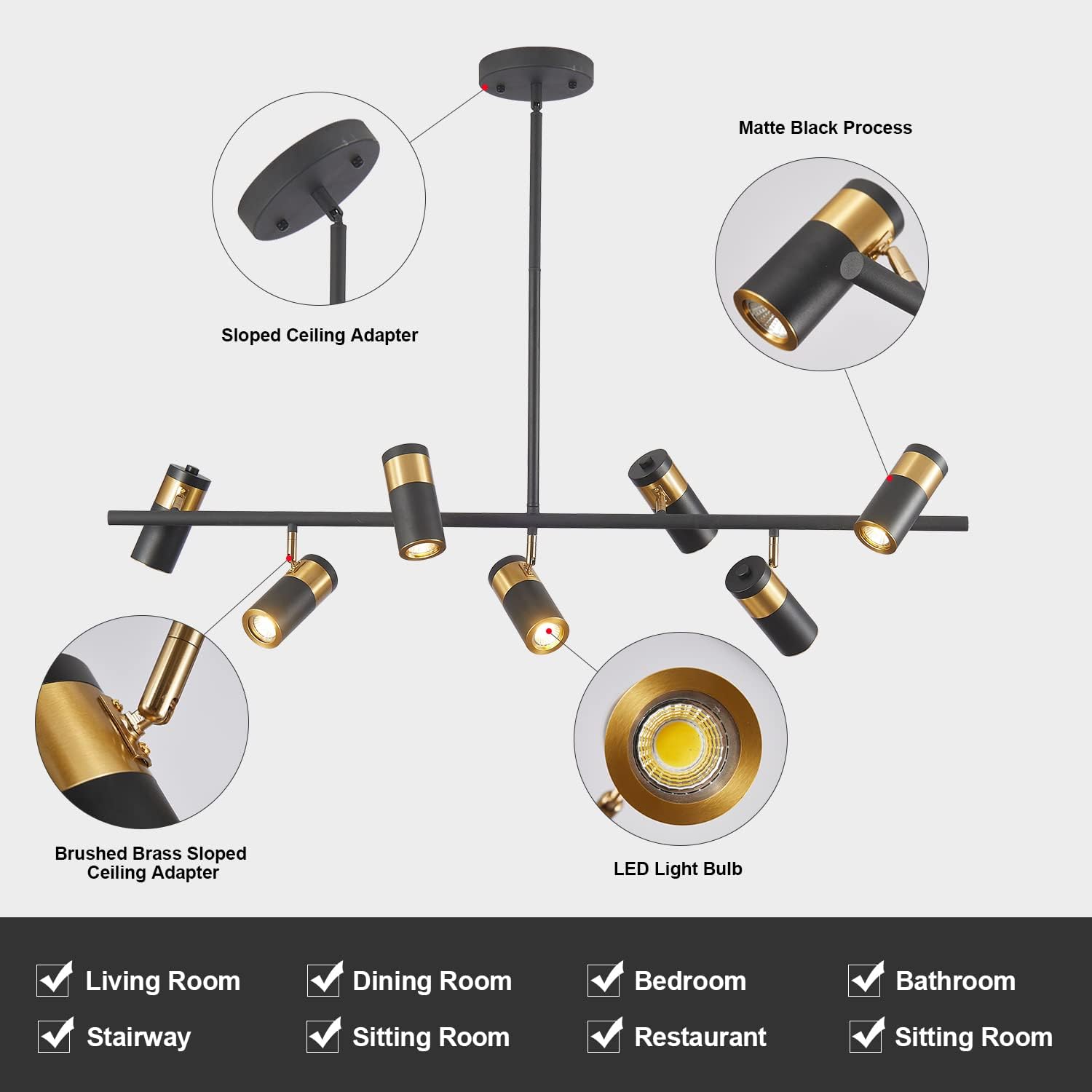KCO Lighting Black and Gold 7-Light Hanging Track Lighting Modern Kitchen Island Pendant Track Lighting Fixtures Mid Century Ceiling Mount Adjustable Spotlight