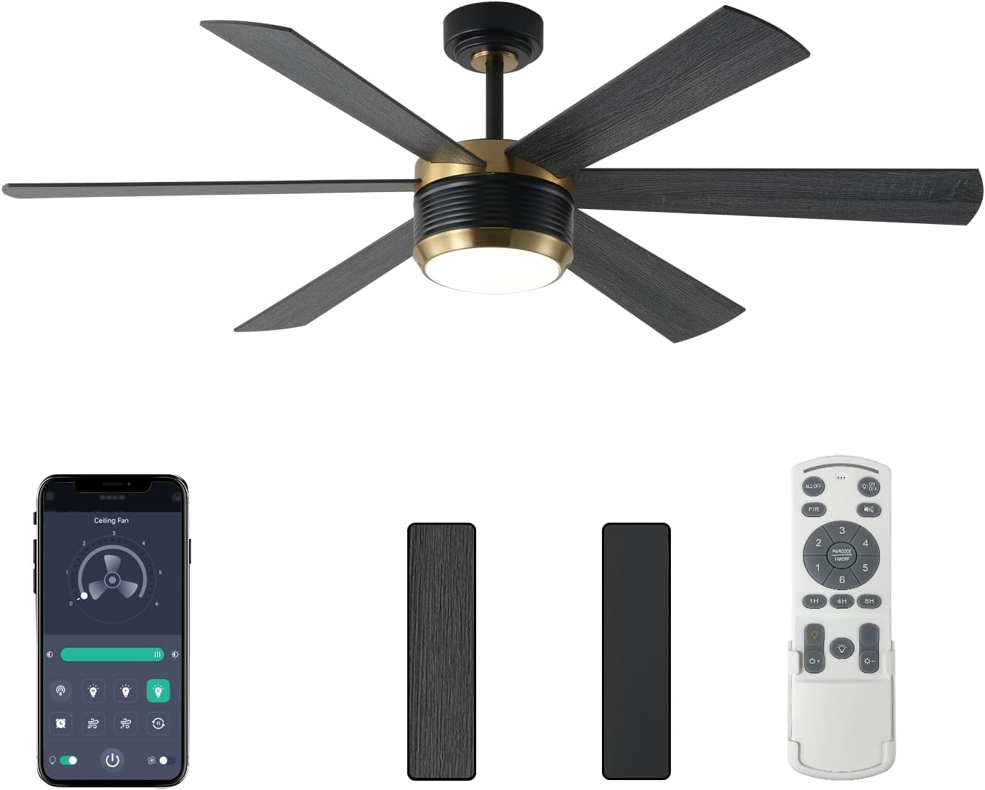 SHOWDI Ceiling Fans with Lights and Remote, Black-Gold, 56 in | 2 Blade Color, Metal Material, App Remote Control, Timer, Reversible, 3CCT, Dimmable for Bedroom, Living room, Indoor