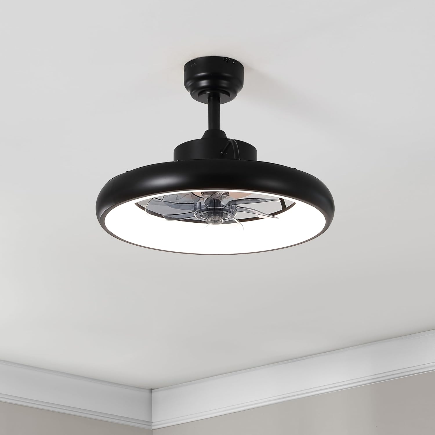 Oval AIR Loren 20' Small Smart Ceiling Fan with Light, Semi Flush Mount, Quiet 6-Speed Reversible Motor, Dimmable LED, Adjustable CCT, App & Remote Control, Modern, Black AIR8002B