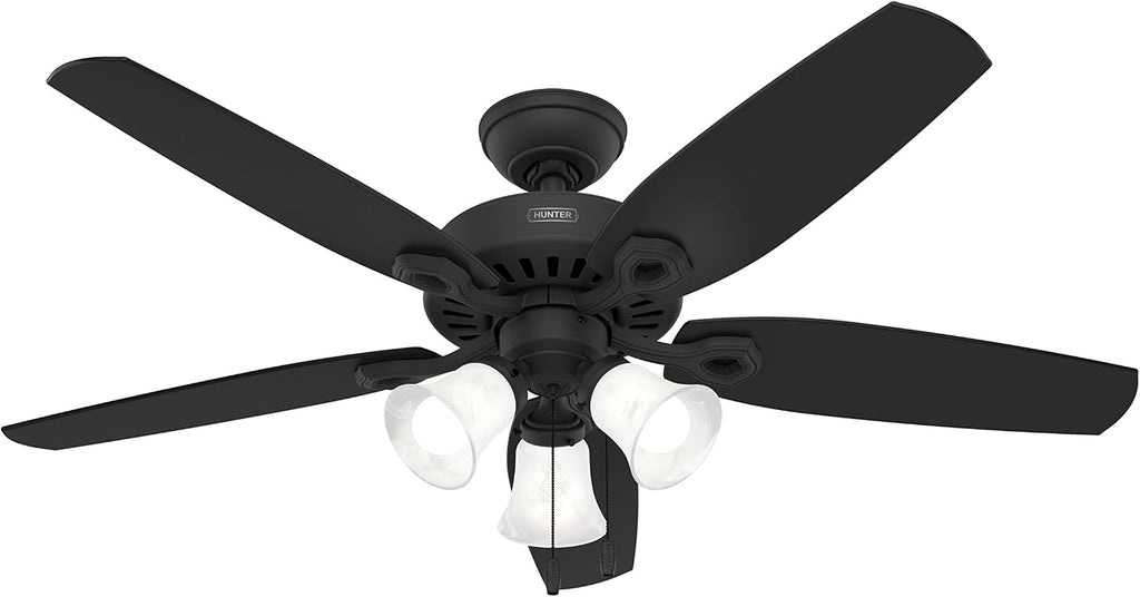 Hunter 52 inch Indoor Ceiling Fan with LED Lights - Black Ceiling Fan with Pull Chain, For Bedroom or Living Room, Standard Mount, No Remote, 5 Blades, Includes Bulbs- Builder Plus 52387, Matte Black