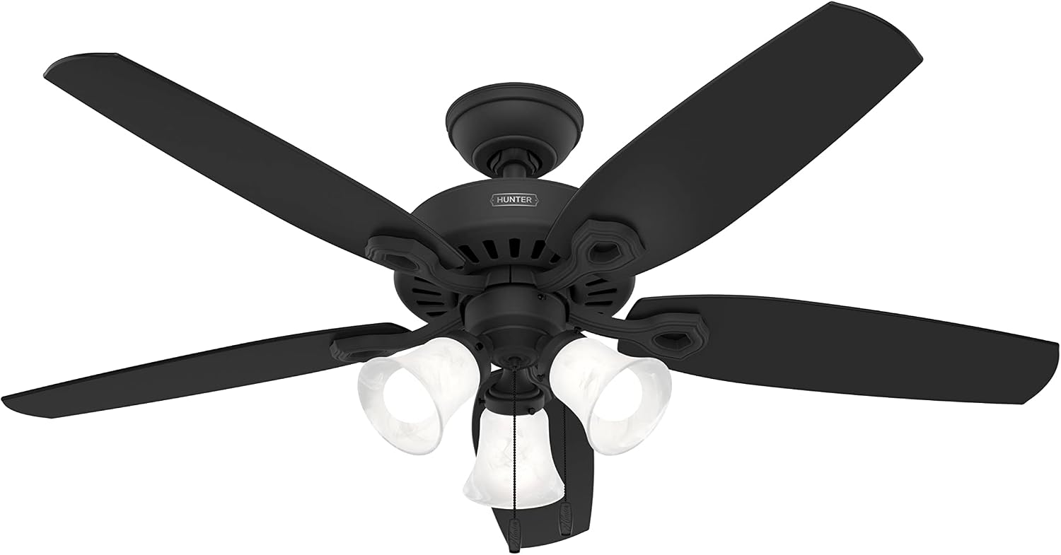 Hunter 52 inch Indoor Ceiling Fan with LED Lights - Black Ceiling Fan with Pull Chain, For Bedroom or Living Room, Standard Mount, No Remote, 5 Blades, Includes Bulbs- Builder Plus 52387, Matte Black