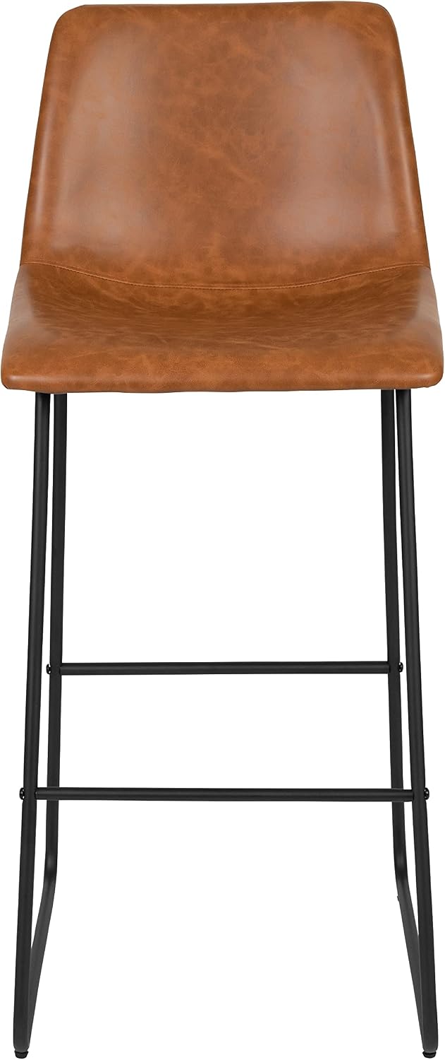 Flash Furniture Reagan 30' LeatherSoft Barstools with Footrest, Mid-Century Modern Bucket Style Bar Height Stools, Set of 2, Light Brown