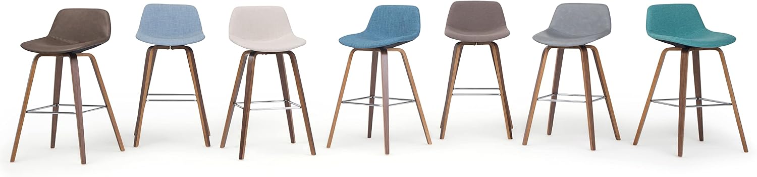 SIMPLIHOME Randolph Counter Stools (Set of 2) - 28 Inch Seat Height Upholstered Bentwood Bar Stools in Medium Blue Linen Look Fabric, Mid Century Modern Seating with Curved Backrest and Footrest