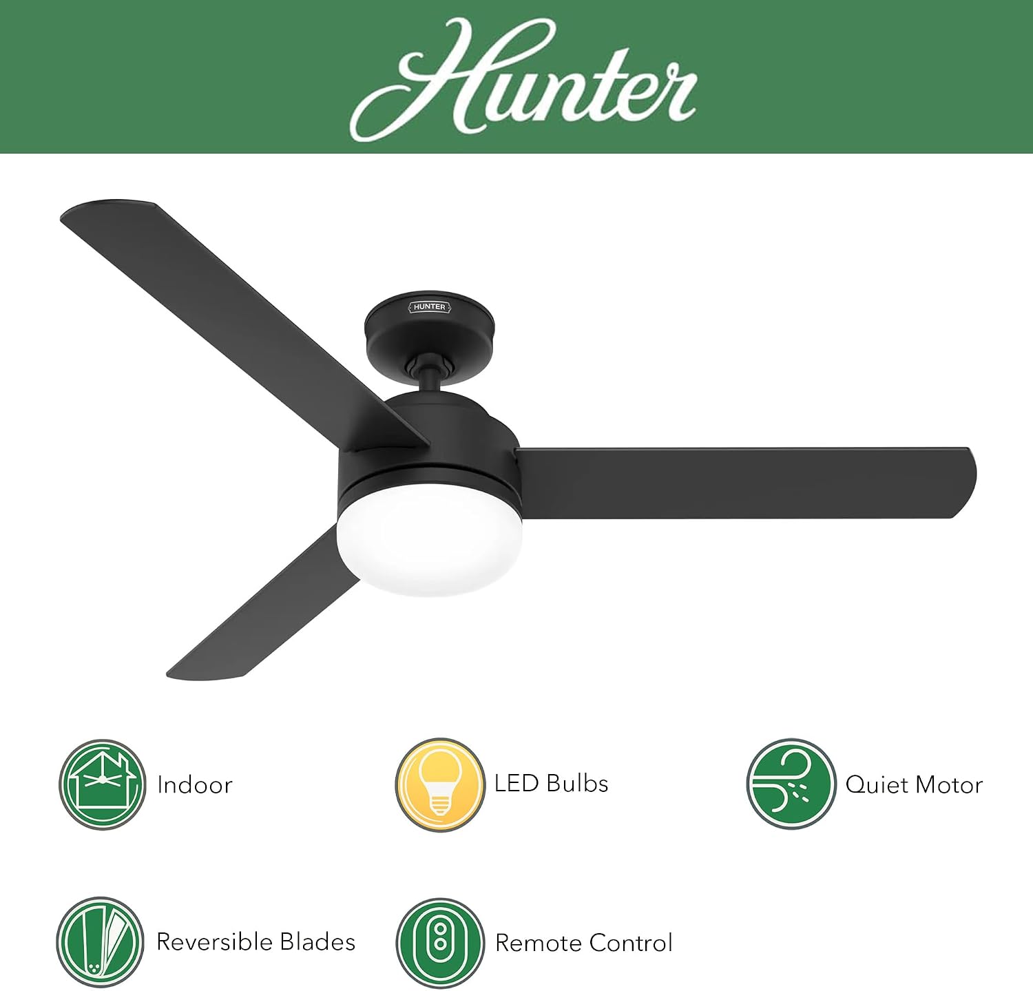 Hunter Fan 52 inch Indoor Ceiling Fan with LED Light, Matte Black Ceiling Fan with Remote, For Bedroom, Office, Kitchen, Living Room, 3 Blades (Renewed)