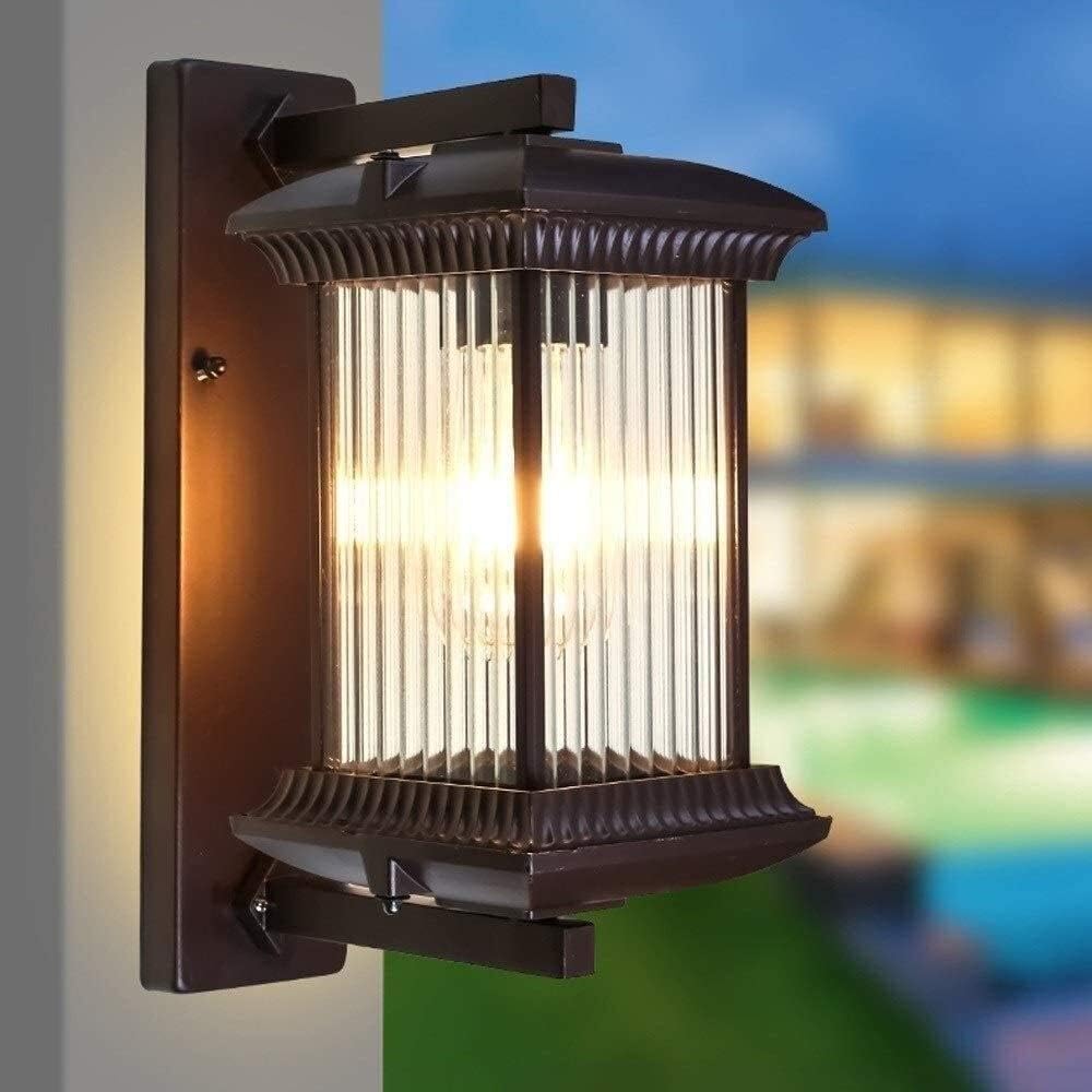 Solar Lantern Outdoor Lights,Wall Light European Vintage Industrial Wall Light Sconce Brown Finish Aluminum Striped Glass Waterproof Wall Mount Retro Wall Lamp Fixture for Entryways Yards