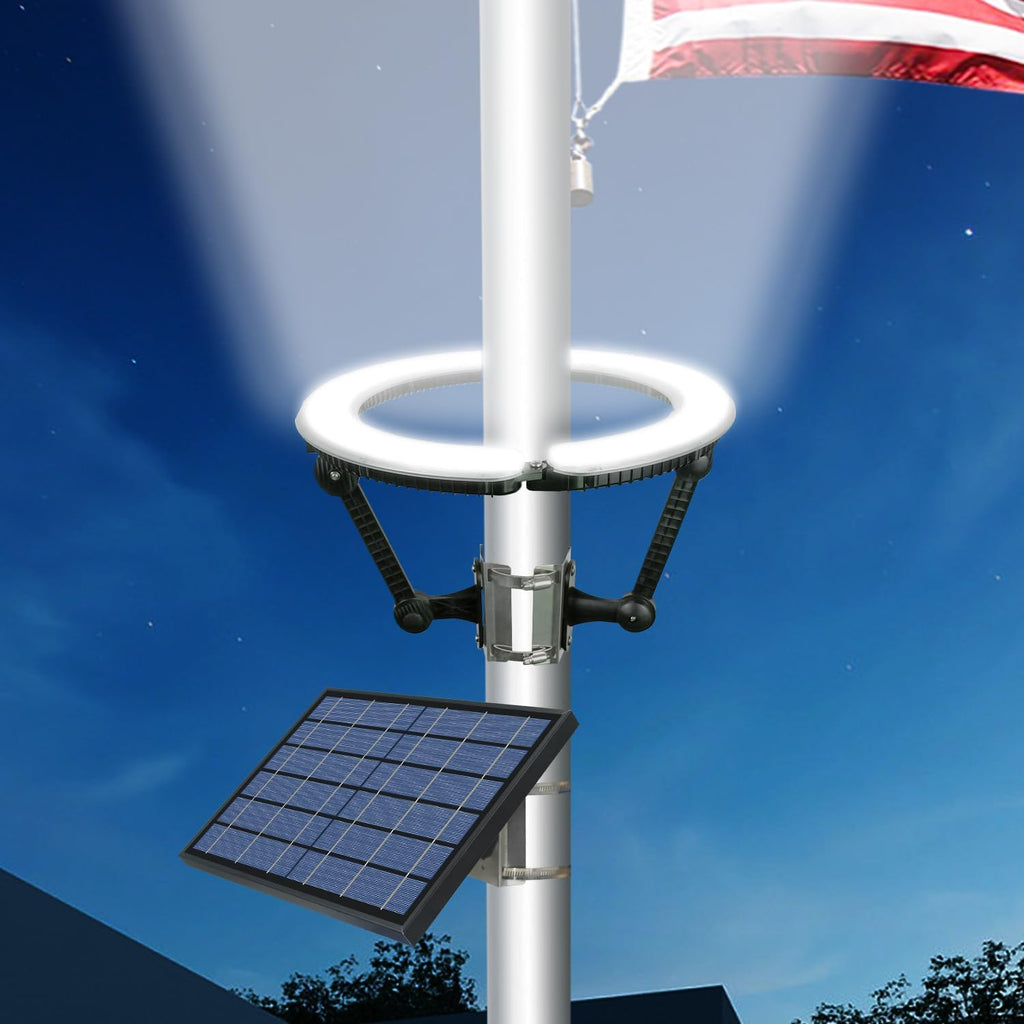 Flag Pole Light Solar Powered 4640 Lumens Brightest Solar Flagpole Light Outdoor Waterproof Dusk to Dawn 32 LED Ring Spotlights 12000mAh Batteries Adjustable Clamp fit 2-6' Dia Flagpoles