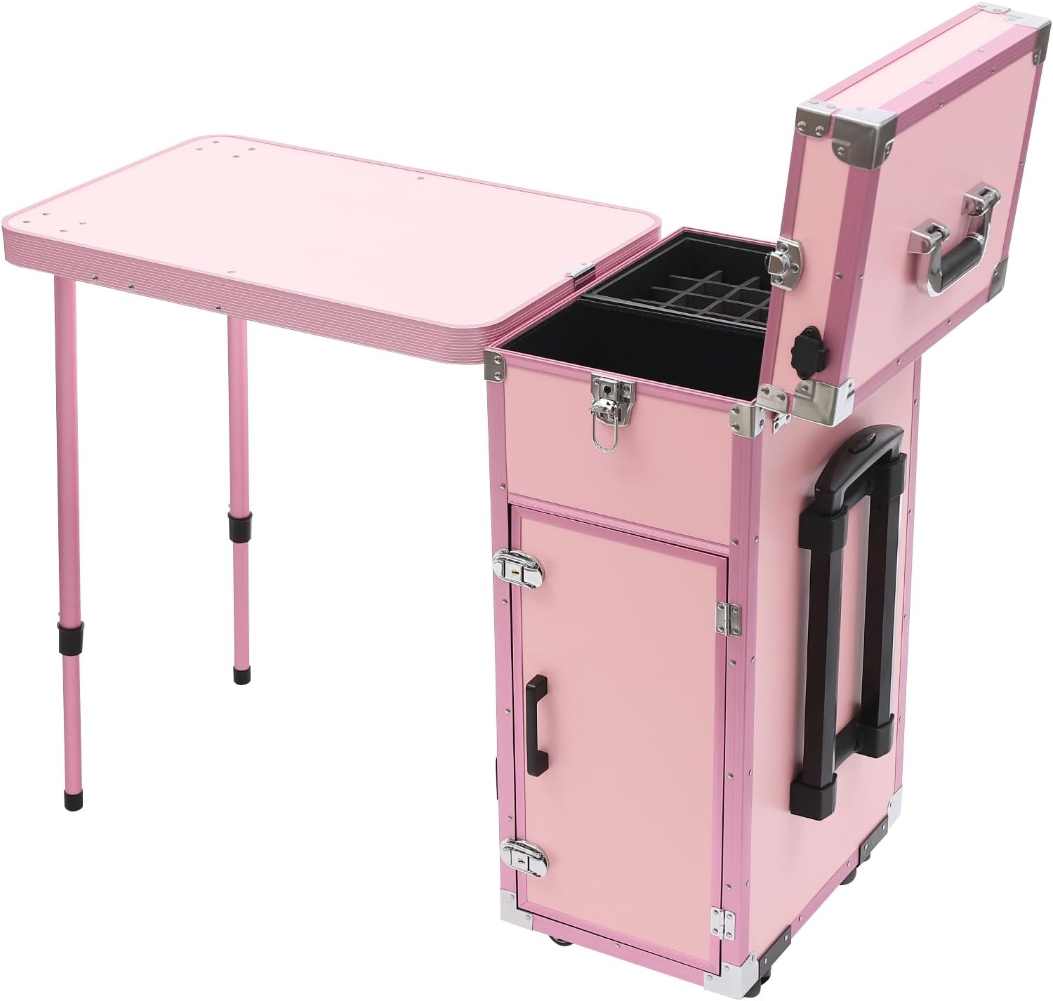 Makeup Train Case With 4 Universal Wheels,Portablel Makeup Suitcase With Drawers,Unfold Table And Makeup Mirror,Rolling Cosmetic Storage Organizer For Artist,Hairstylist,Etc (Pink)