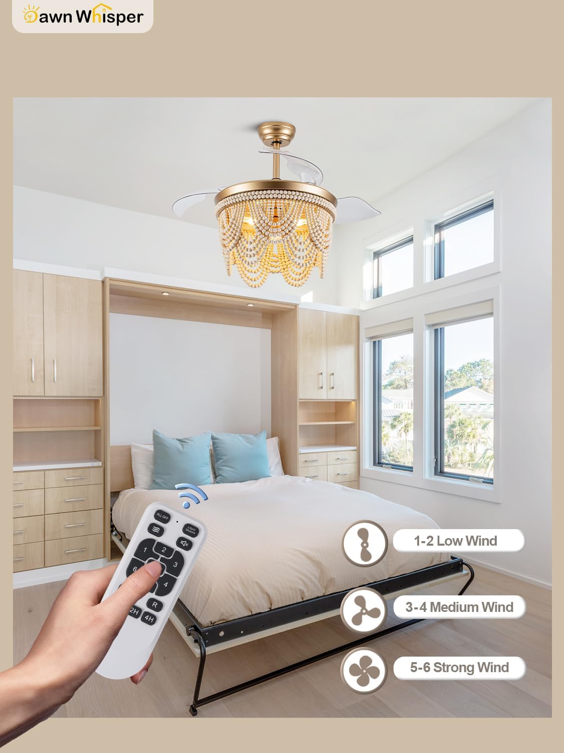 Dawn Whisper Gold Retractable Ceiling Fan with Lights 42 Inch Wood Beaded Boho Chandelier with Fan Farmhouse Style Fandelier for Bedroom Living Room
