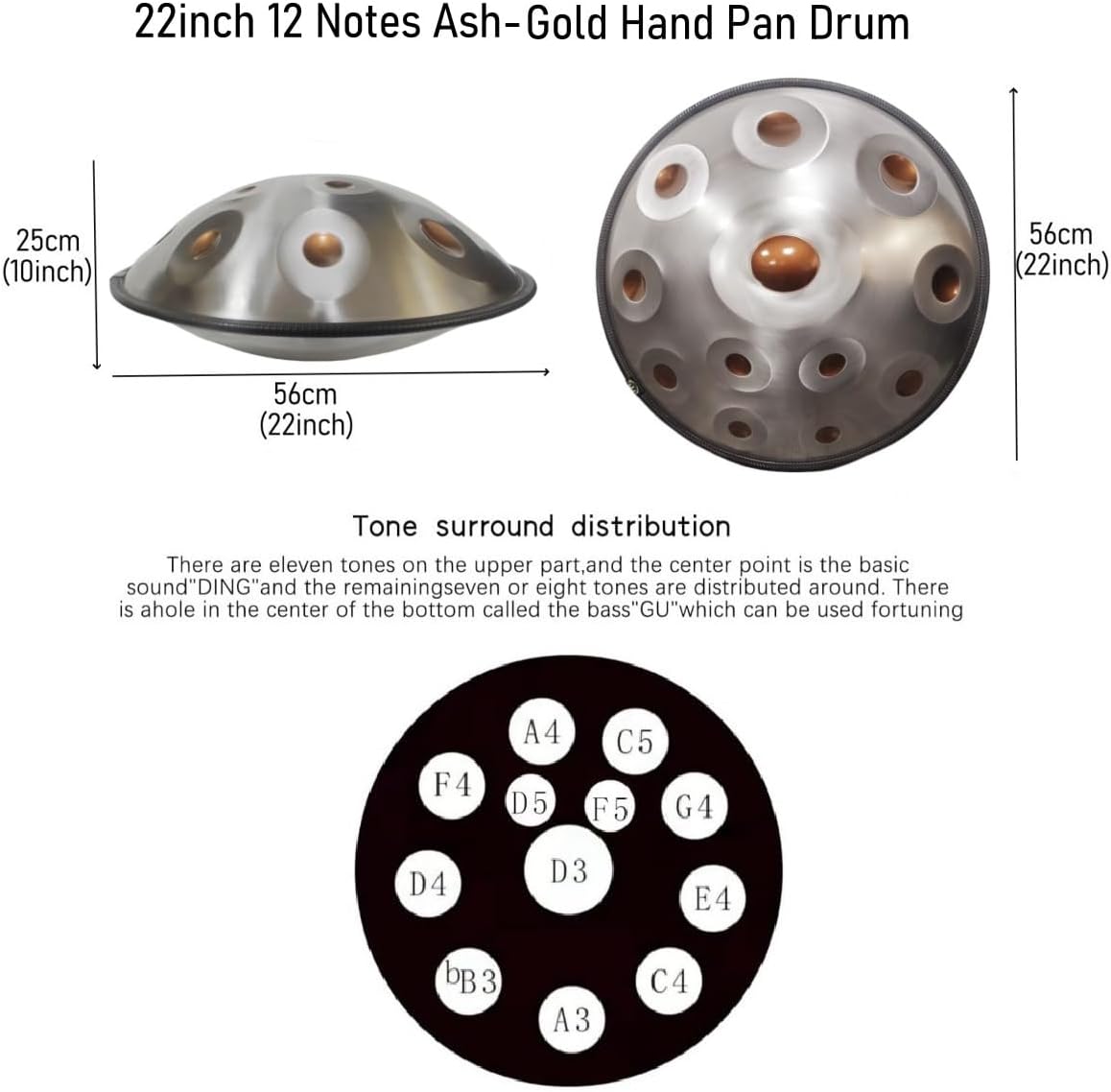 440HZ Steel Drum in 22Inch D Minor 12 Notes Hand Pan Drum Percussion Musical instrument with Soft Hand Pan Bag (12 Notes Gold-Eye Handpan)