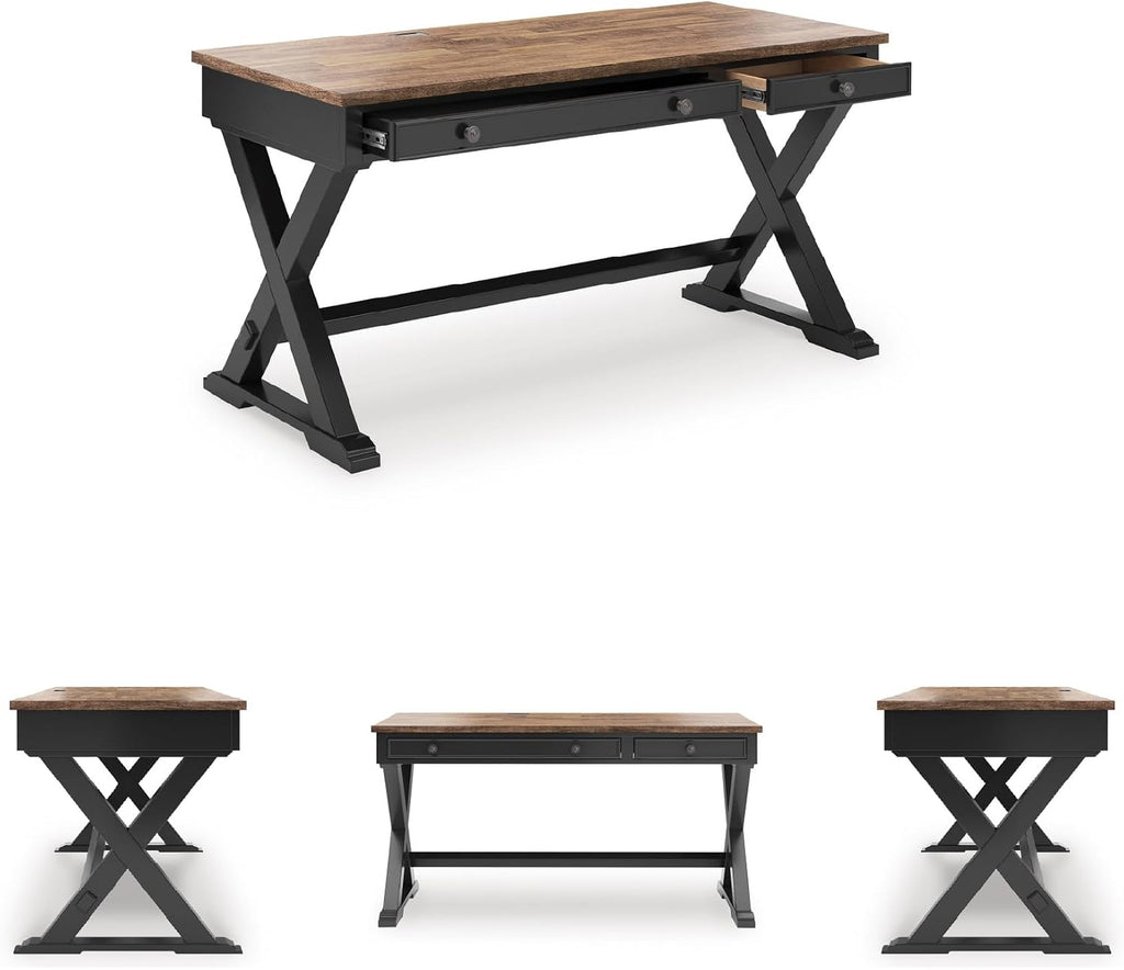 Signature Design by Ashley Wildenauer Farmhouse 1-Drawer 60' Home Office Desk with Keyboard Tray, Cord Management and Trestle Base, Dark Brown & Black