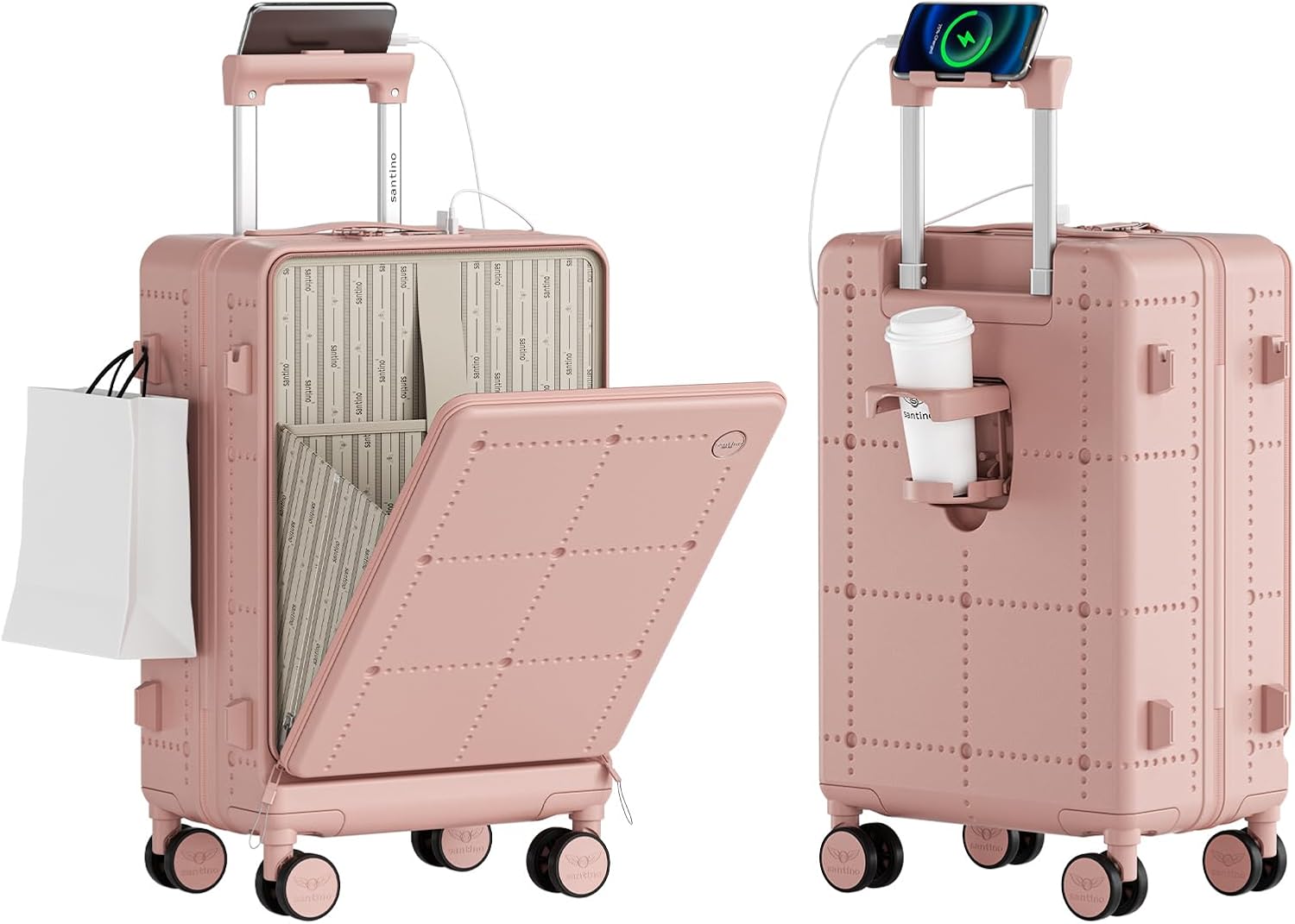 Santino Carry On Luggage 22x14x9 Airline Approved 20 Inch baggage pc Hard Shell Suitcase with Spinner Wheels TSA Lock with USB Port and Cup Holder and phone holder Top Opening Suitcase
