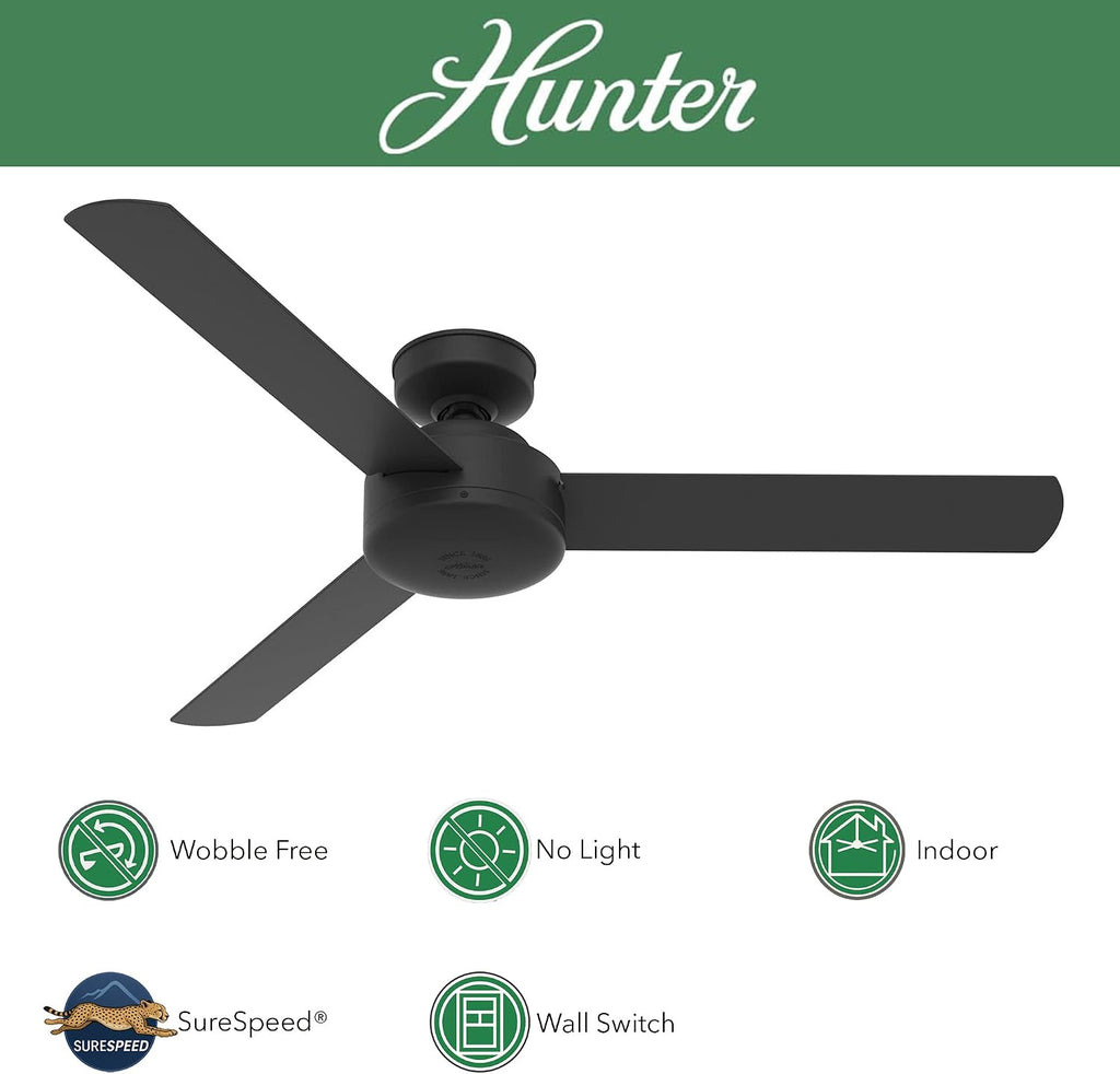 Hunter Fan 52 in Contemporary Matte Black Finish Indoor Ceiling Fan with 3 Blades (Renewed)