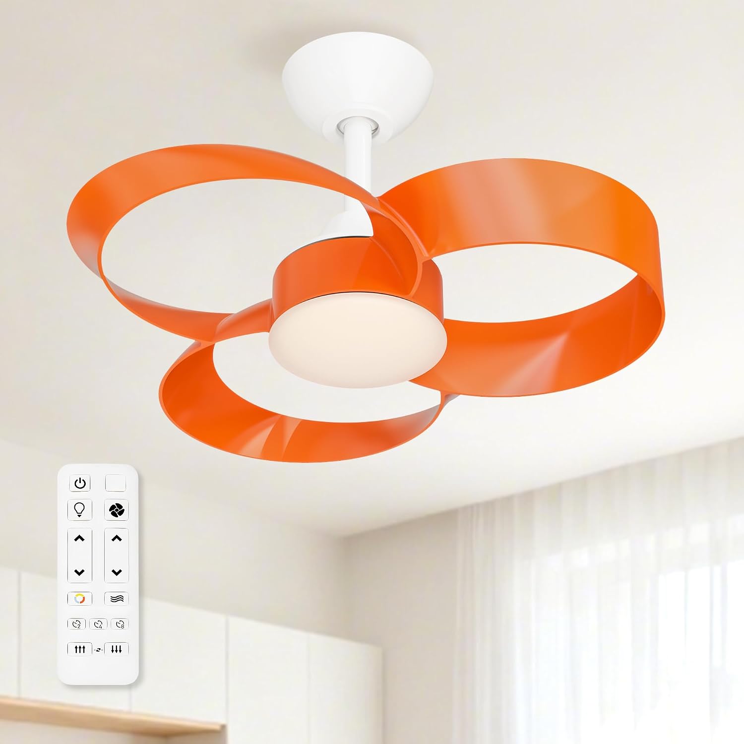 FANX 22 Inch Ceiling Fan with Light and Remote, Quiet DC Motor, Dimmable LED, Reversible 3-Speed Control, Easy Installation Downrod Fan for Small Rooms (Tangerine)