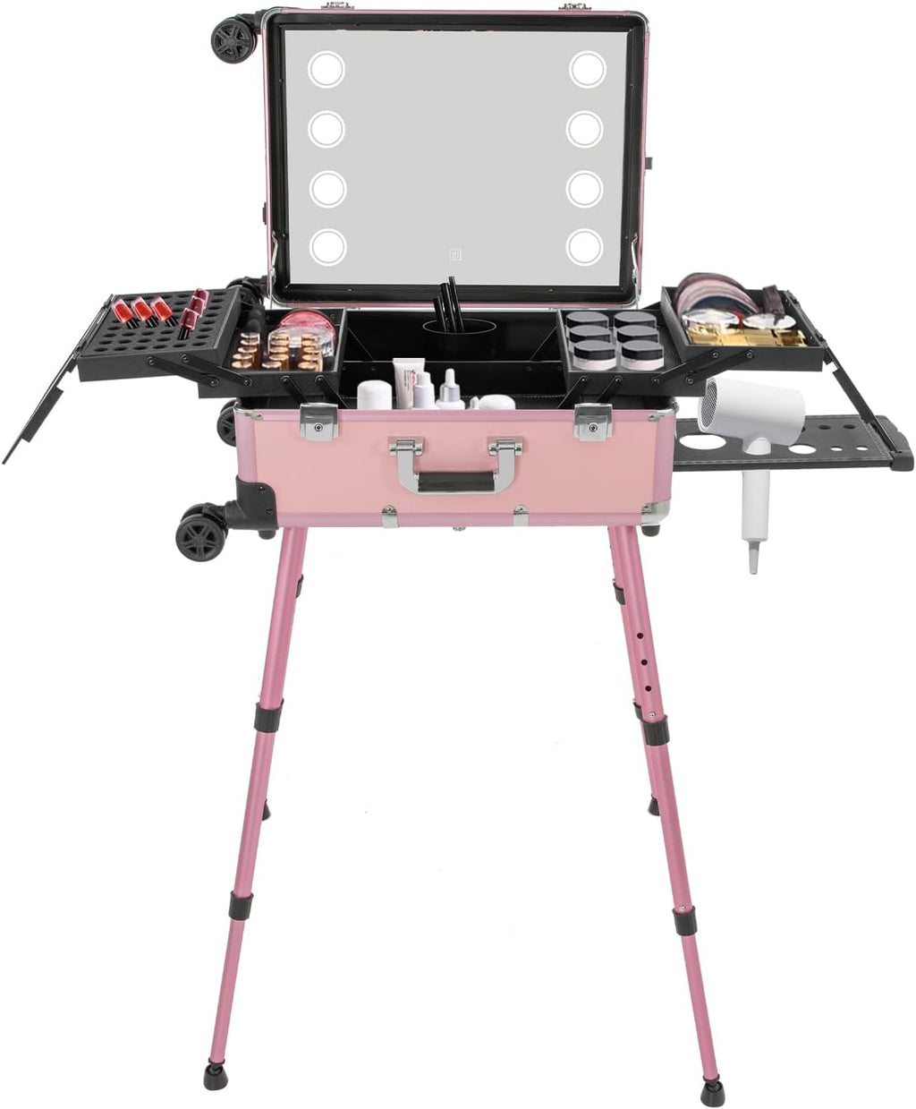 3 Tiers Rolling Makeup Train Case, Portable Makeup Vanity Station 12V Chargeable Cosmetic Trolley Lockable Storage Organizer with LED Light & Mirror & Wheels, Adjustable Height for Travel (Pink)