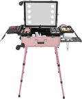 3 Tiers Rolling Makeup Train Case, Portable Makeup Vanity Station 12V Chargeable Cosmetic Trolley Lockable Storage Organizer with LED Light & Mirror & Wheels, Adjustable Height for Travel (Pink)