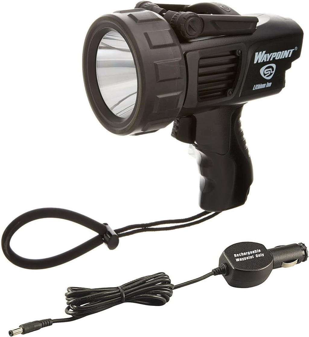 STREAMLIGHT Lightweight Rechargeable Long-Range 1000 Lumens Waypoint 300 Black Spotlight w/120V AC Charger with Waypoint Rechargeable/Super Siege 12V DC Cord