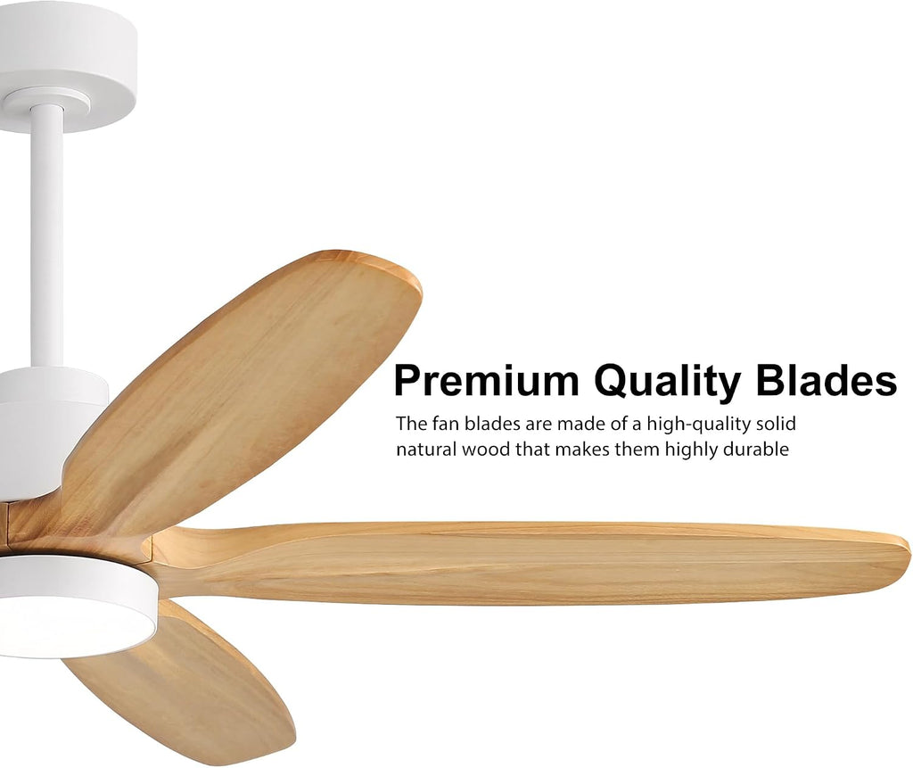 WINGBO 54' Ceiling Fan with Light - 5 Carved Solid Wood Blades, 6-Speed Reversible DC Motor, Dimmable, 3CCT, Noiseless Remote Control Ceiling Fans with Lights for Bedroom Living Room, White and Oak