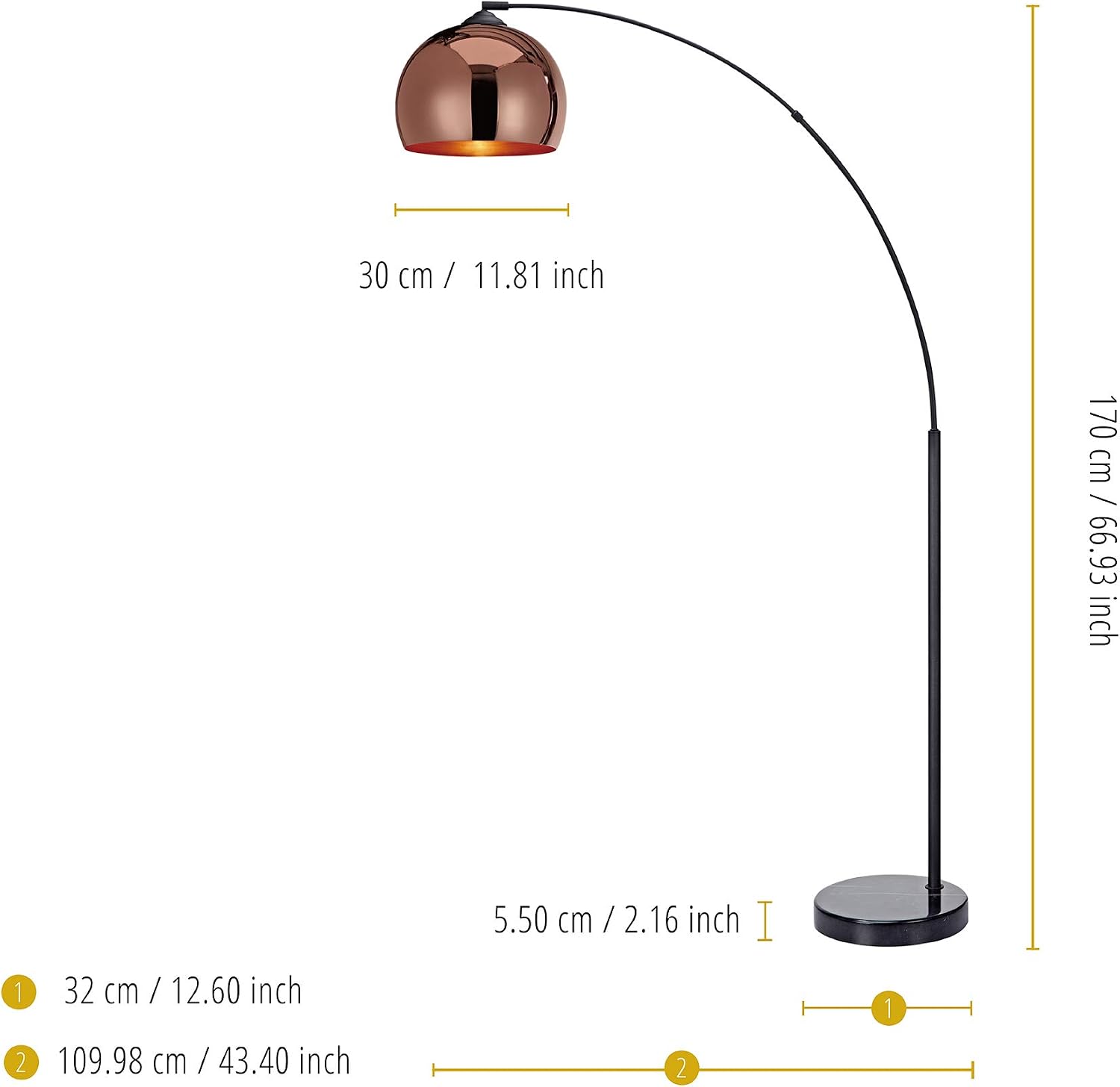 Teamson Home Arquer 66.93' Arc Floor Lamp for Living Rooms, Home Offices, Dining Rooms, Bedrooms with Faux Black Marble Base and Rose Gold Bell Shade