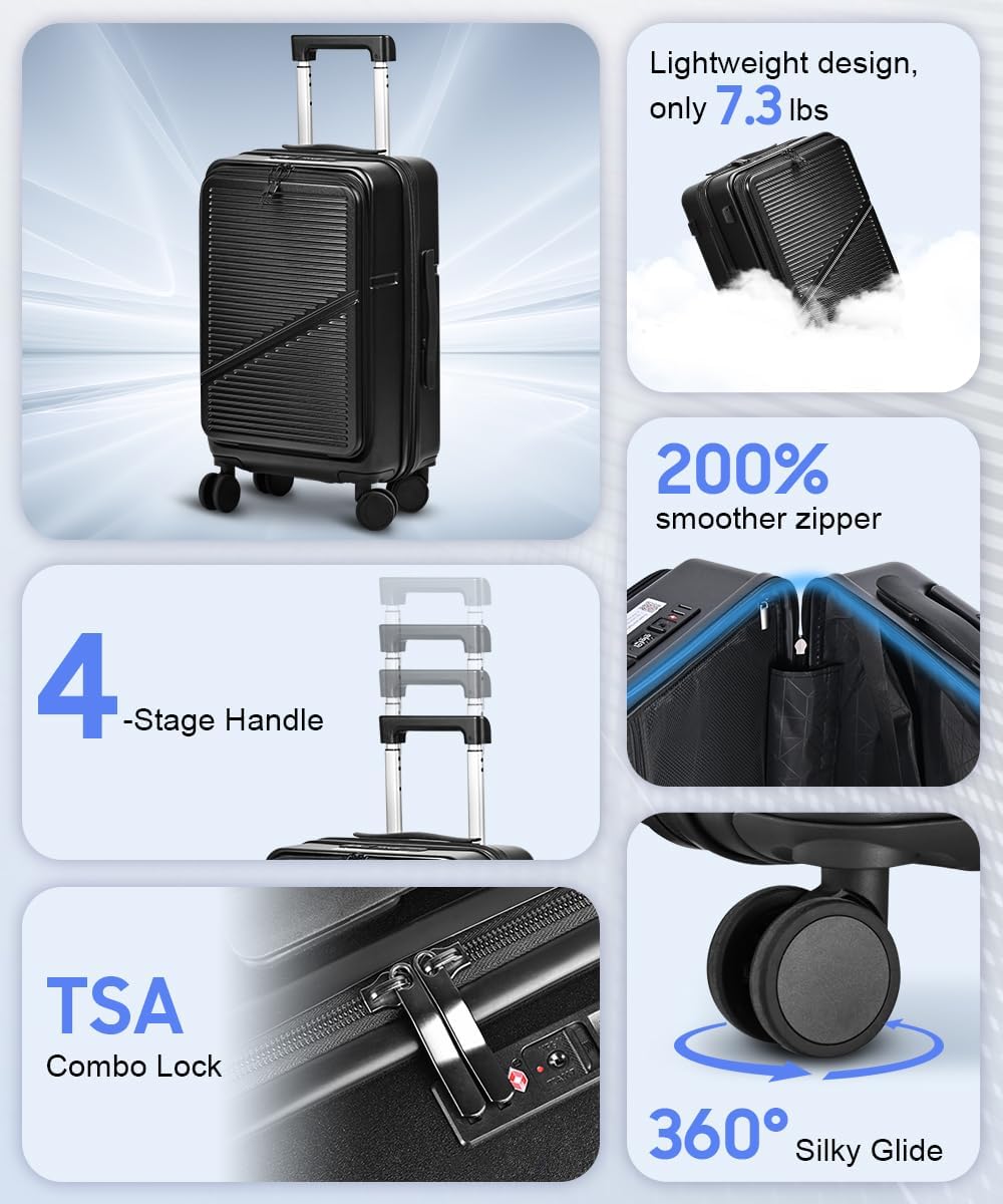 Hard Shell Luggage Set 4 Piece with Spinner Wheels, 20/24/28 Inch Suitcases with TSA Lock, 20in Carry On with Front Laptop Pocket & USB Port, Travel Suitcase Set with Cosmetic Case