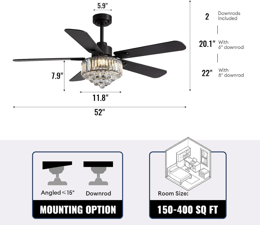 Crystal Fandelier Ceiling Fan with Light,Chandelier Ceiling Fan with Remote and APP Control,Quiet Light for Bedroom, 3 Color Temperature, 52 Inch vintage ceiling fan With 6 Speeds