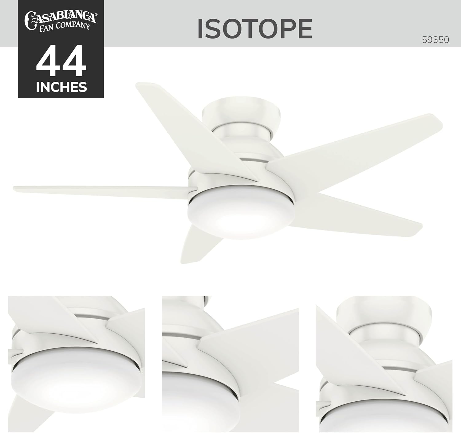 Casablanca 44 inch Indoor Ceiling Fan with LED Light - Low Profile Flush Mount, White Ceiling Fan for Bedroom, Living Room, or Kitchen, Wall Control, 5 Blades - Isotope 59350, Fresh White