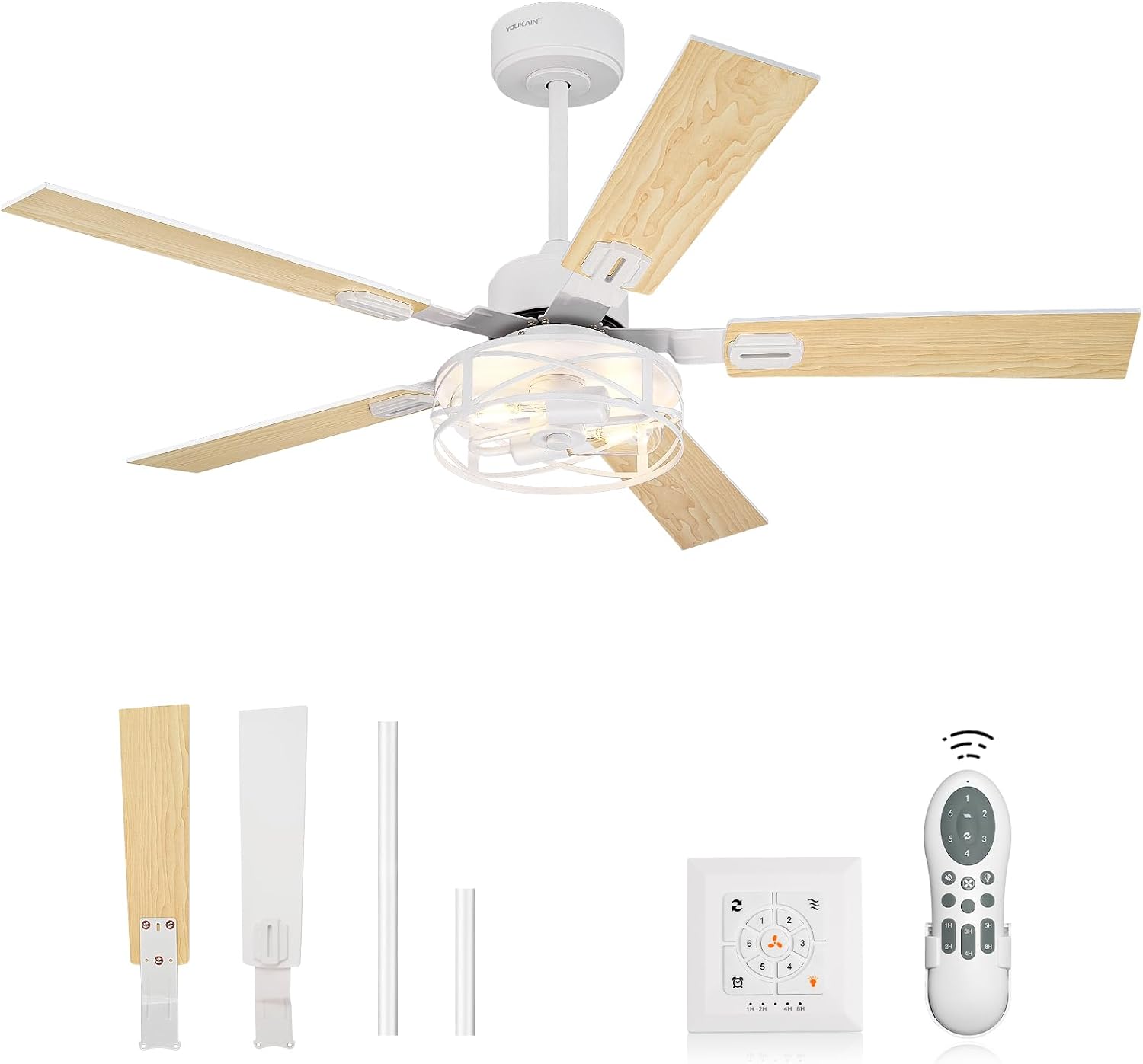YOUKAIN 48 Inch Ceiling Fans with Lights, Farmhouse Ceiling Fans with Wall Switch and Remote Control, 5-Reversible, White Finish, Outdoor Ceiling Fan for Indoor/Outdoor Use, 48-YJ632-WHW-WS