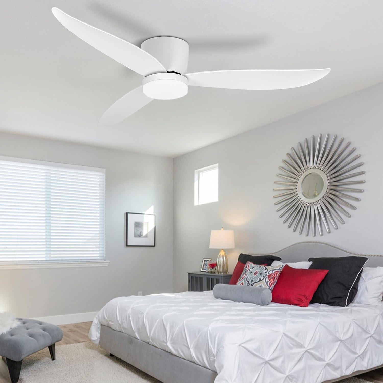 White 52 inch Ceiling Fan with Light and Remote Control, Low Profile Flush Mount Ceiling Fan with Lights, 3 Blade Dimmable LED Light for Bedroom Living Room Indoor, 6 Speeds DC Reversible Fans