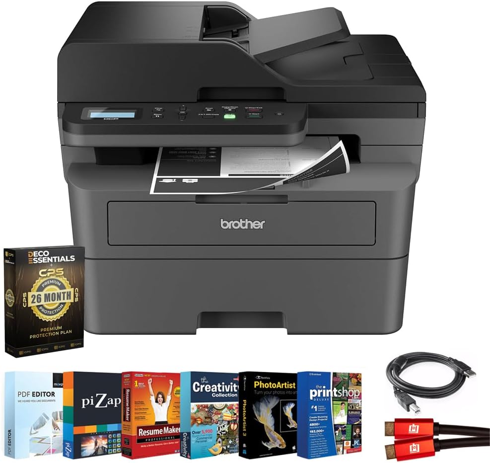 Brother Wireless DCP-L2640DW Compact Monochrome Multi-Function Laser Printer Bundle with 26‑Month Protection Plan, Printer Essentials Digital Download, 6FT HDMI Cable & 6FT USB Type‑A to Type‑B Cable