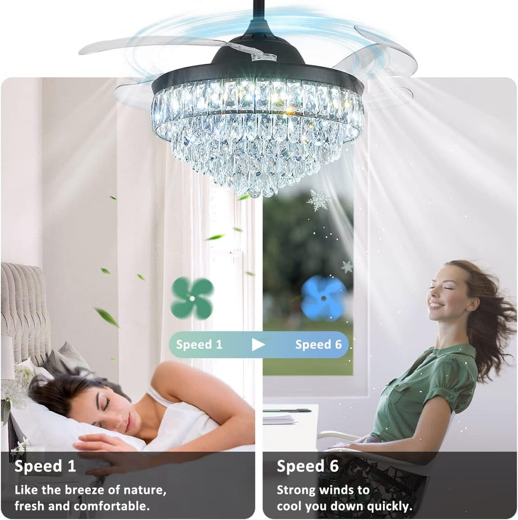 CLAIRDAI 42'' Crystal Fandelier Ceiling Fan with Lights, Stepless Dimmable LED Chandelier Fan, Retractable Blades, Remote & APP Control, 6-Speed Flush Mount for Bedroom Living Room Dining Room
