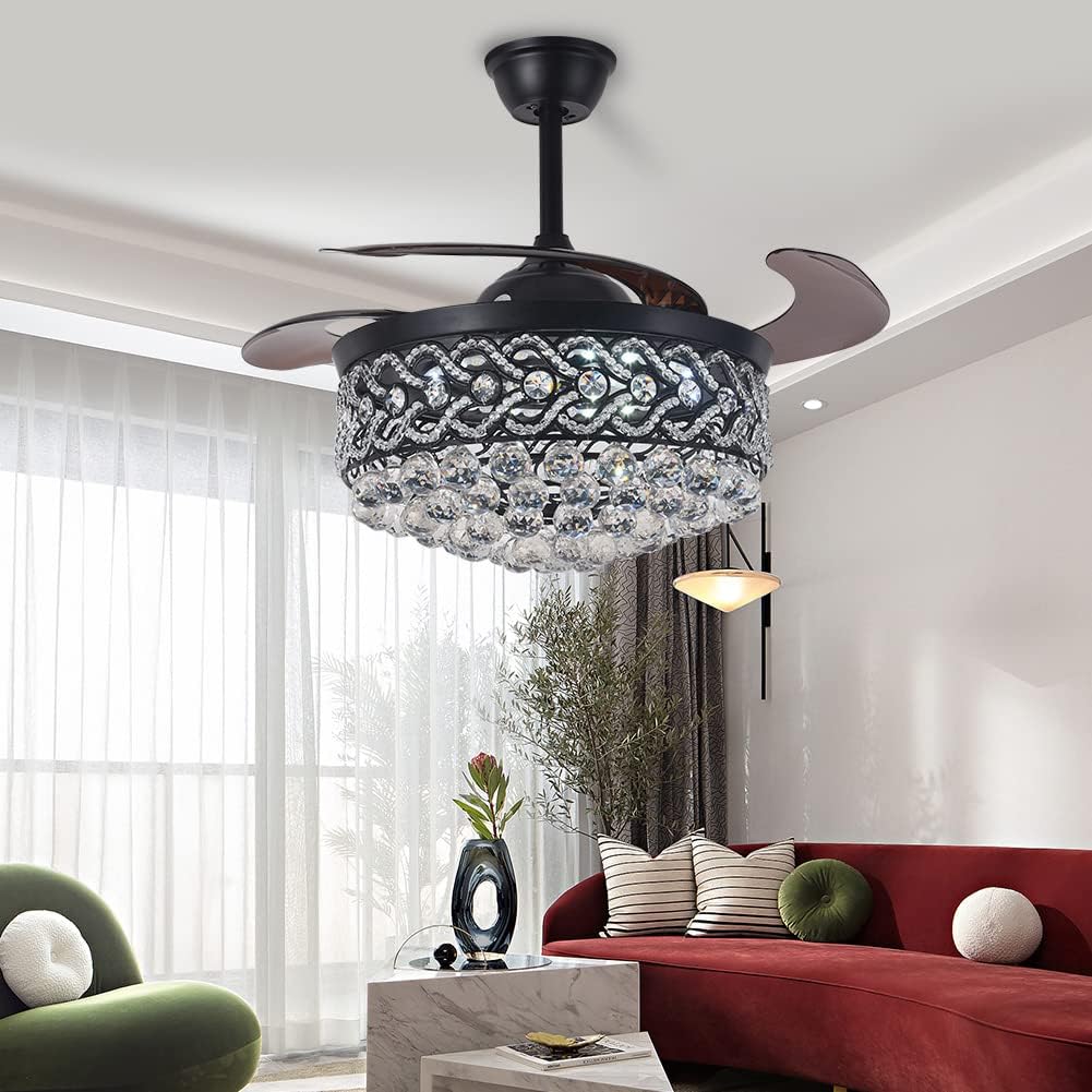 Black Crystal Chandelier Fan, 42' Fandelier Ceiling Fan with Light, Ceiling Fans with Retractable Blades Lights and Remote for Living Dinning Room