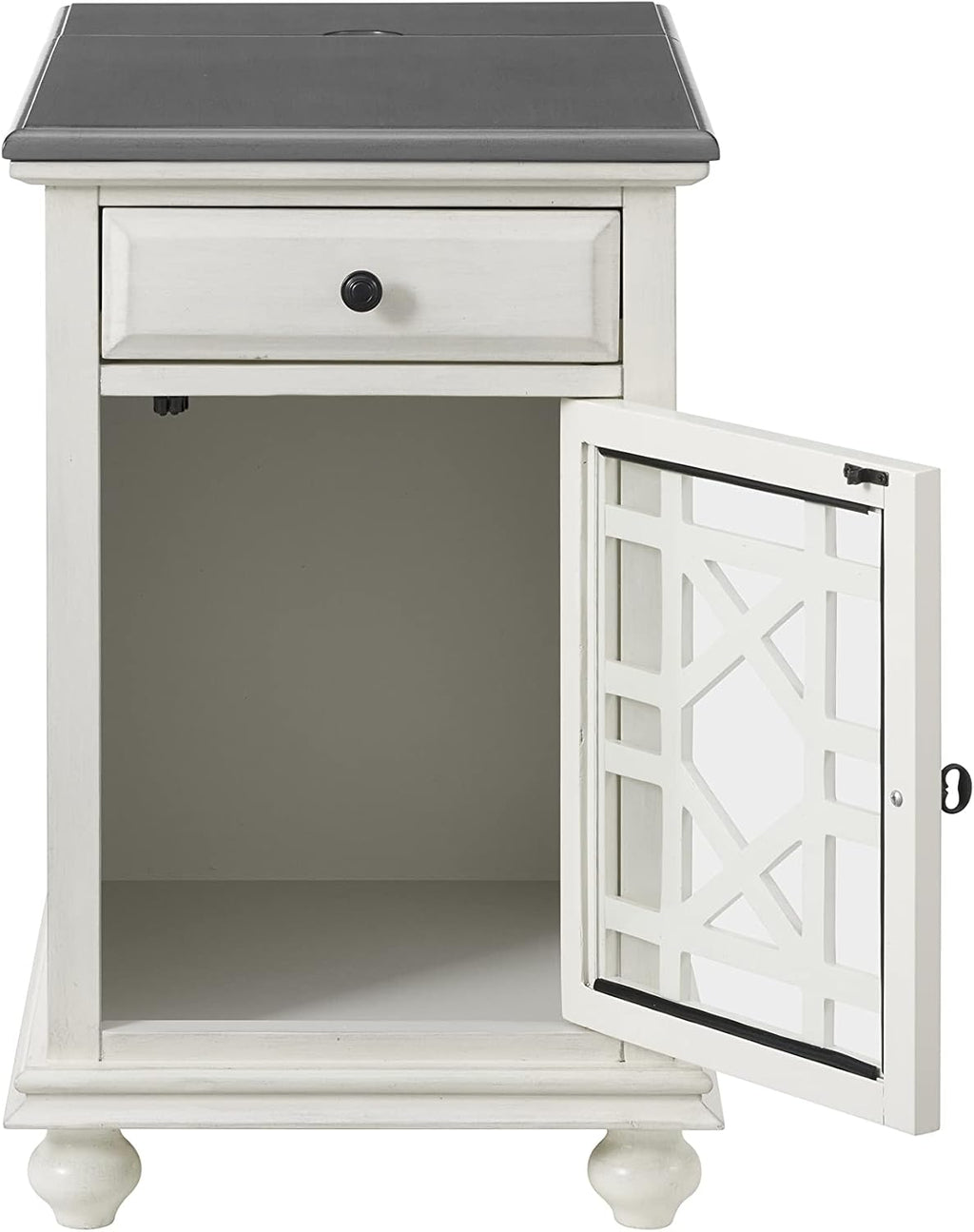 Martin Svensson Home Elegant Chairside End Table with Power — 24″W x 16″D x 25″H, White with Gray Top — Transitional Painted Accent Table with Flip-Top USB Charging, Drawer & Cabinet Storage