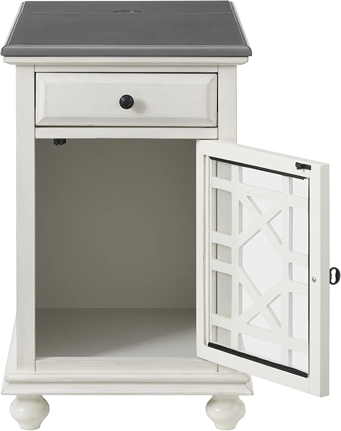 Martin Svensson Home Elegant Chairside End Table with Power — 24″W x 16″D x 25″H, White with Gray Top — Transitional Painted Accent Table with Flip-Top USB Charging, Drawer & Cabinet Storage