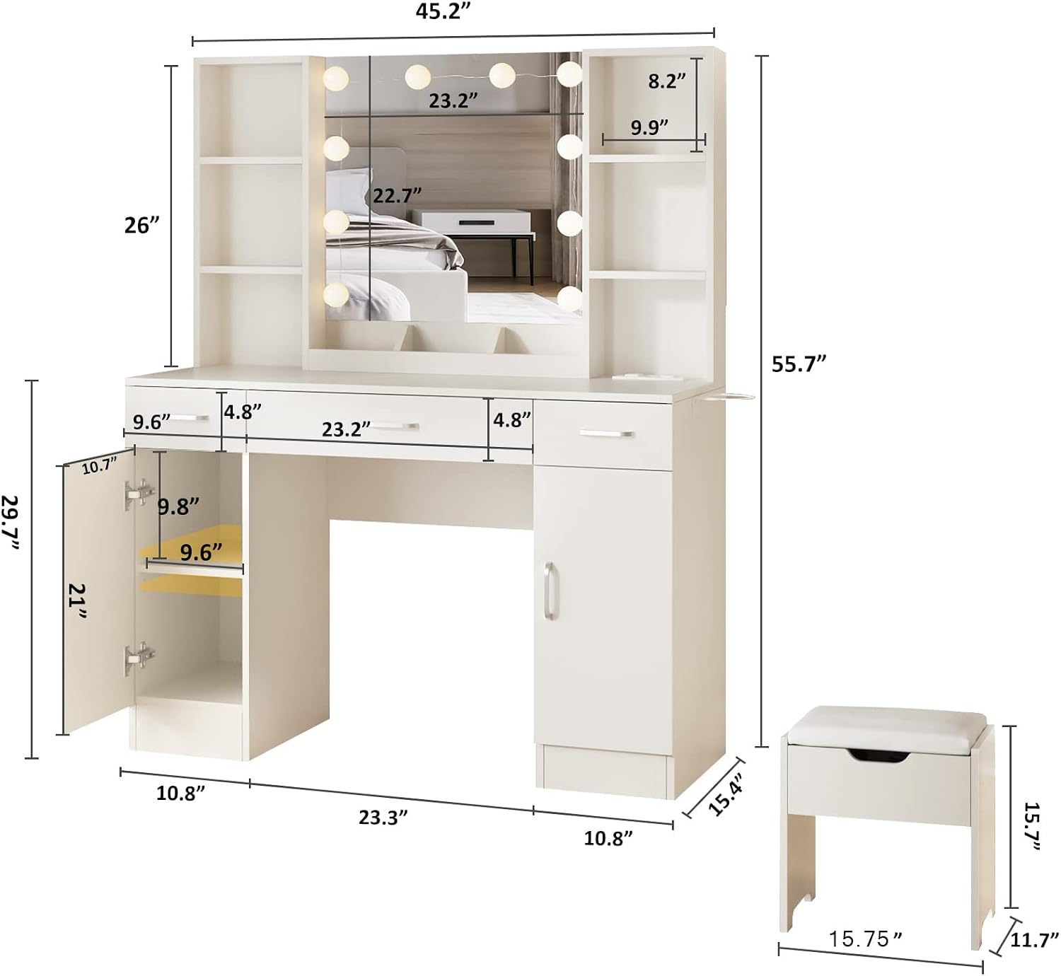 Vabches Makeup Vanity Table with Lighted Mirror & Power Strip, Large Vanity Set Vanity Desk with Storage Stool, 3 Lighting Modes, Brightness Adjustable, 45.2in(L)