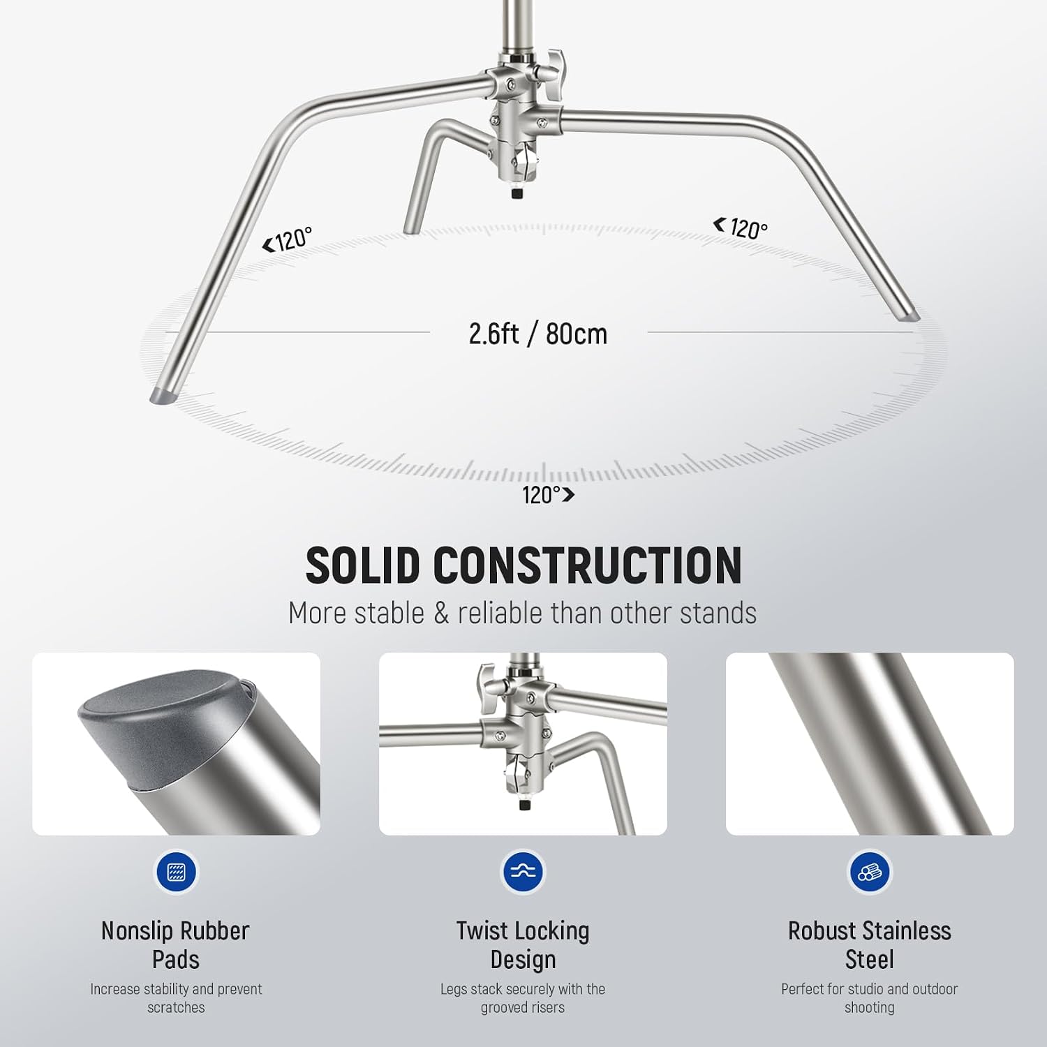 NEEWER Basics 100% Stainless Steel Heavy Duty C Stand with Boom Arm, Max 10.5ft/320cm Photography Light Stand, 4.2ft/128cm Holding, 2 Grip Heads for Studio Monolight Softbox Reflector, SC320 Lite