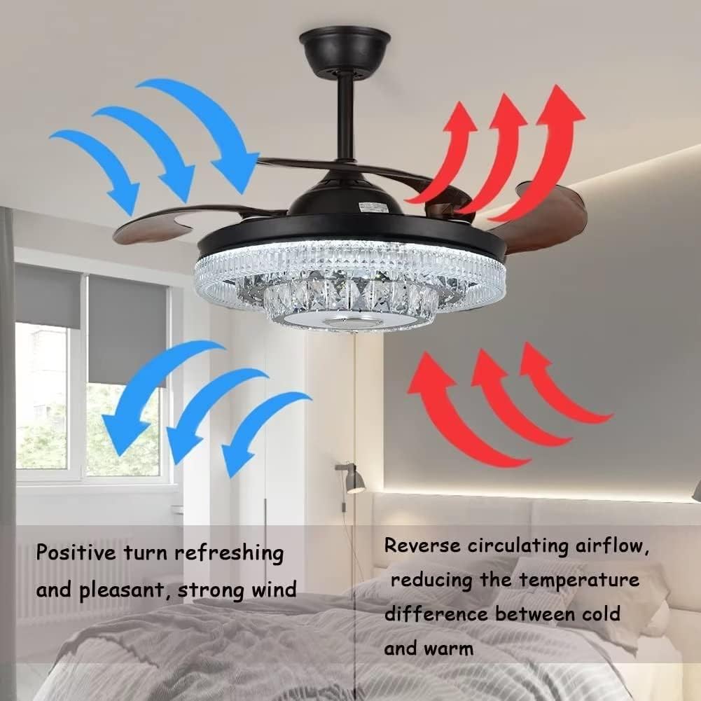 42' Modern Crystal Chandelier Ceiling Fans with Lights Remote Control, Black Rectractable Blade Fandelier with Bluetooth Speaker Forward Reverse 6 Speeds 7 Dimmable for Living Room Bedroom