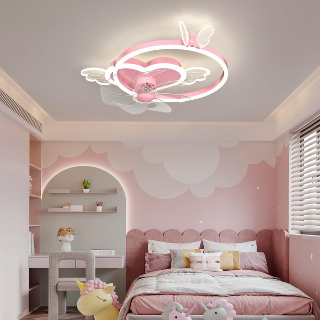 Butterfly Ceiling Fan with Light Pink Ceiling Fan with Light for Girls Room Heart Shape Dimmable LED Fan Light with Remote Control Kids Bedroom Ceiling Fan, 6 Speed Reversible Fan