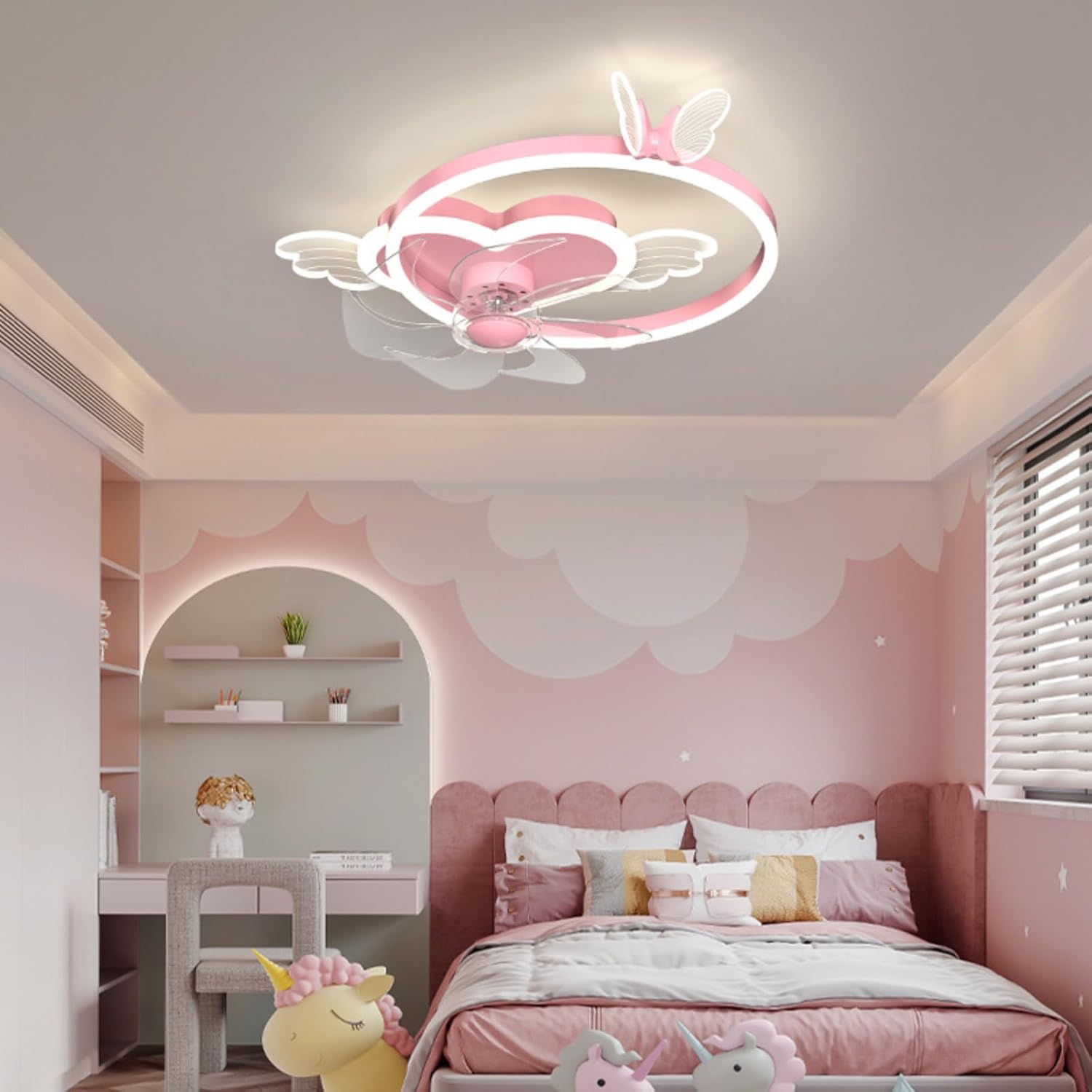 Butterfly Ceiling Fan with Light Pink Ceiling Fan with Light for Girls Room Heart Shape Dimmable LED Fan Light with Remote Control Kids Bedroom Ceiling Fan, 6 Speed Reversible Fan