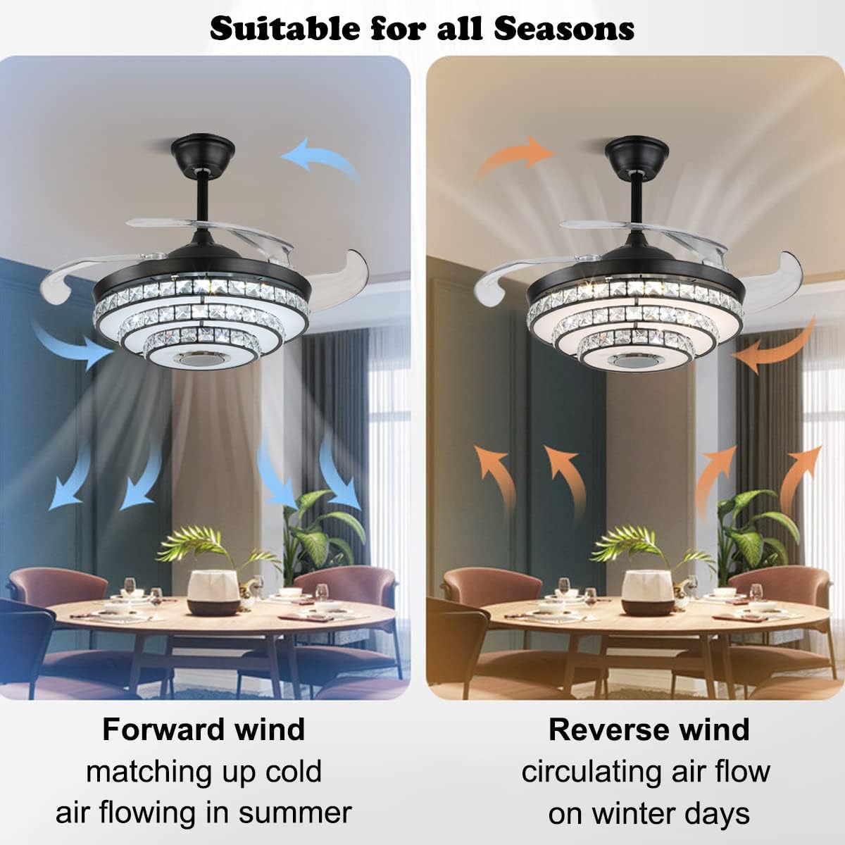 42' Retractable Fandelier Ceiling Fans with Lights Remote Control, Modern Crystal Chandelier with Bluetooth Speaker Reversible Silent Motor 7 Colorul Lighting 6 Speed for Living Room Bedroom