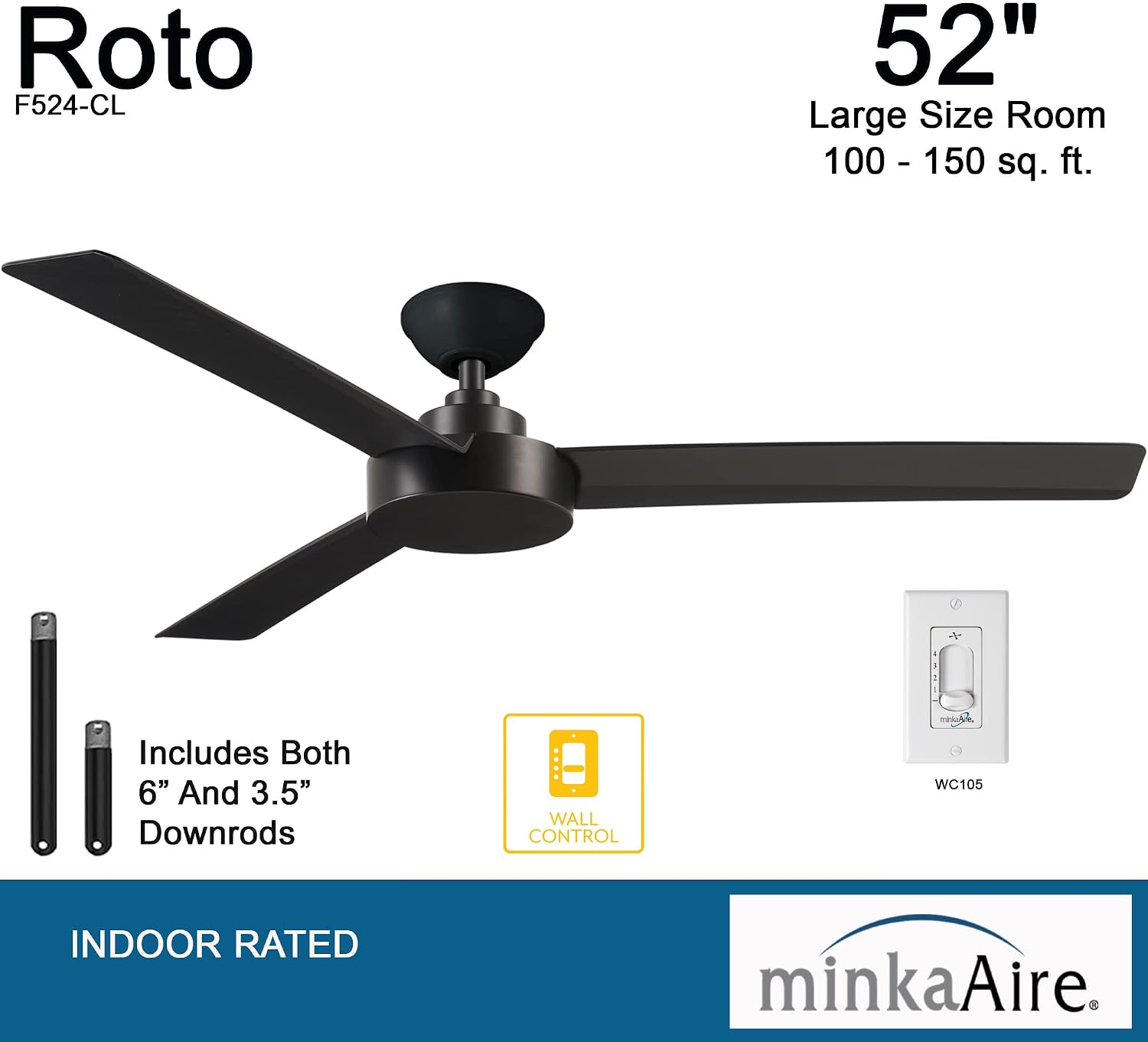 MINKA-AIRE F524-CL Roto 52 Inch Ceiling Fan 3 Blades with Additional 3.5' Downrod in Coal Finish
