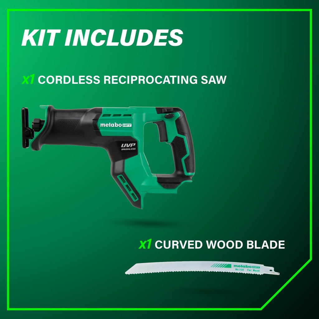 Metabo HPT 18V MultiVolt Cordless Compact Reciprocating Saw, Top Class Cutting Speed, 20% More Compact, 1-1/8' Stroke Length, 3,000 SPMs, Up to 125 Cuts Per Charge, Tool Body Only, CR18DMAQ4