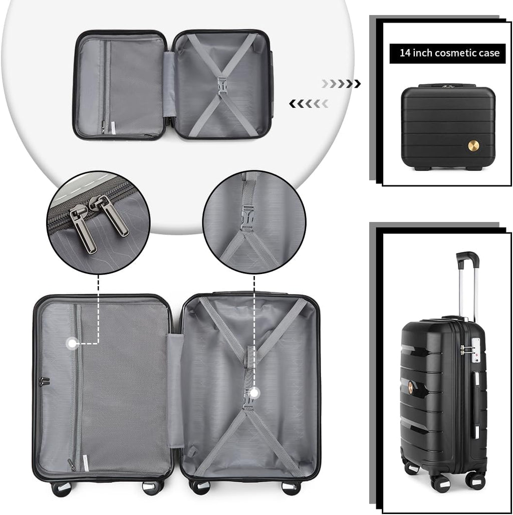 Somago Luggage Sets 4 Piece Lightweight Hardside Polypropylene Travel Suitcases with Double Spinner Wheels and TSA Lock,Classic Black
