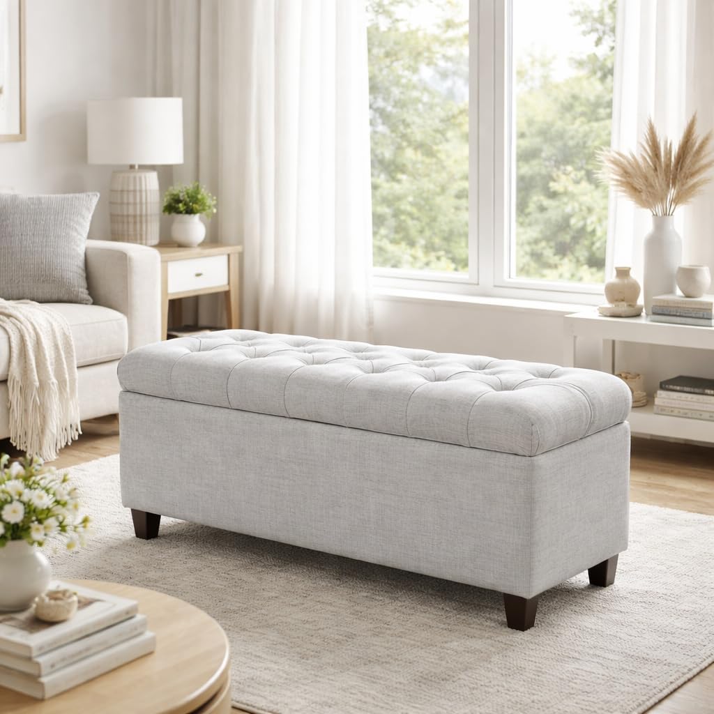 Homepop Home Decor Tufted Ainsley Button Storage Ottoman Bench with Hinged Lid Ottoman Bench with Storage for Living Room & Bedroom, Light Blue 18x40x18 Inches