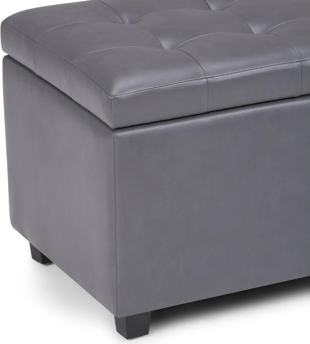 SIMPLIHOME Cosmopolitan Storage Ottoman - 34 inch Wide Upholstered Vegan Leather Rectangle Storage Ottoman Bench in Stone Grey, Transitional Tufted Ottoman for Living Room or Entryway with Lift-Up Lid
